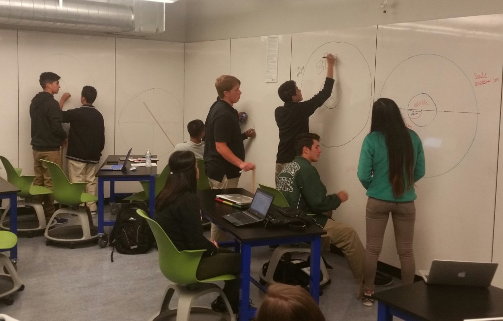 students creating scale models of GPS satellite orbits