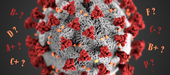 image of a COVID-19 virus with letter grades around it with question marks