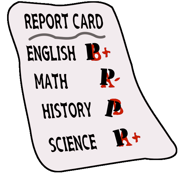 Report card with letter grades covered by P letters