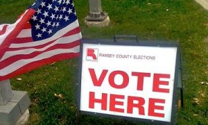 photo of a "vote here" sign and USA flag